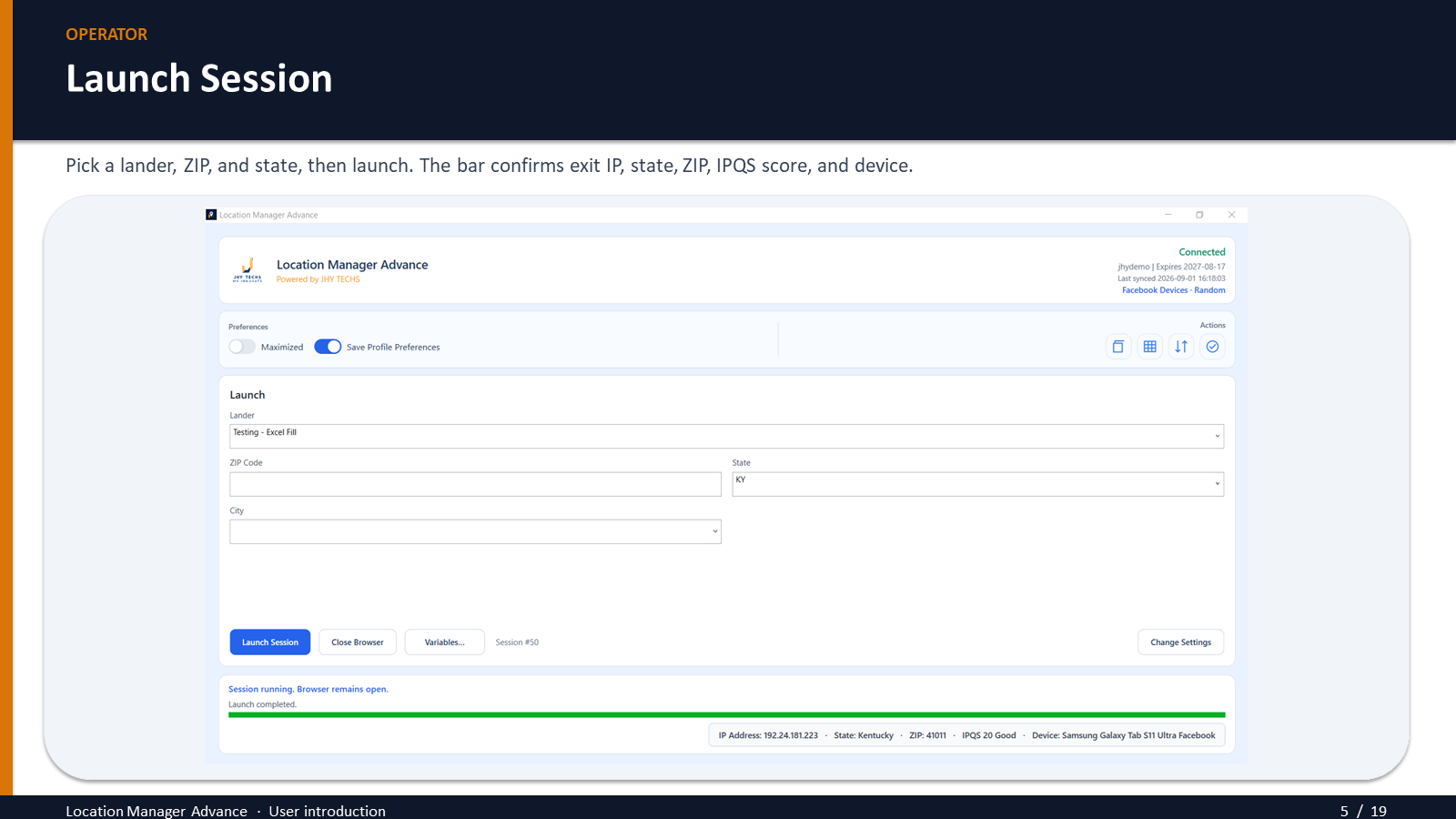 Location Manager Advance Launch Session: pick a lander, ZIP, and state, then launch.