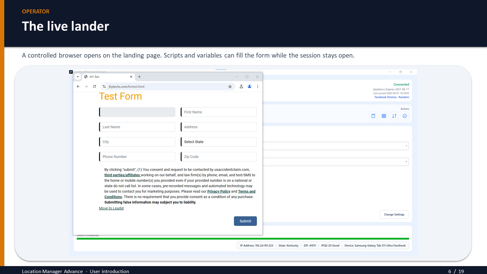 A live lander in the controlled browser, with the session bar showing IP, ZIP, IPQS, and device.