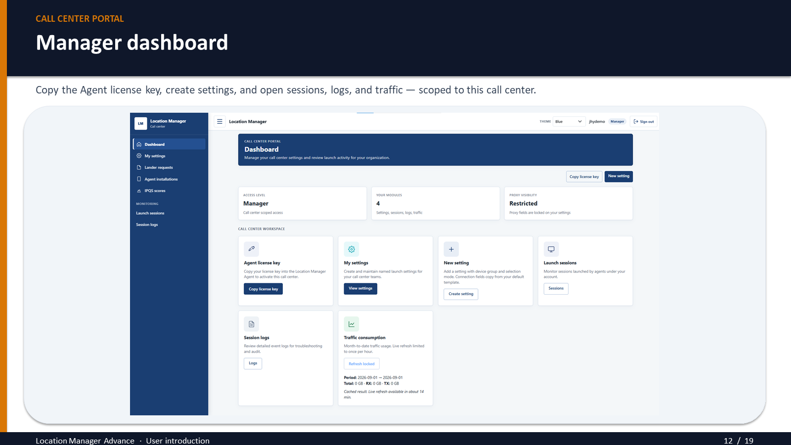Call center portal dashboard: copy the license key, then open settings, sessions, logs, and traffic.